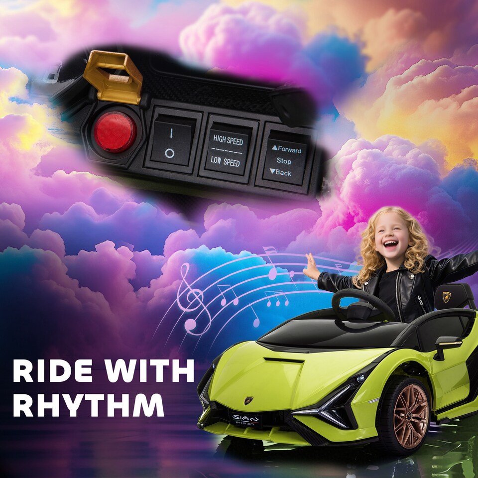 image 1 of HOMCOM Lamborghini Sian Licensed 12V Electric Car for Kids 2 Motors Toy Car with Remote Control Music Lights MP3 for 3-5 Years Green
