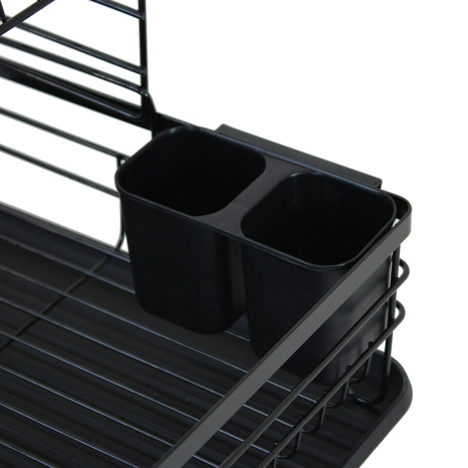 image 1 of Oypla 2 Tier Multifunction Dish Drainer Drying Rack with Cutlery Holder and Removable Tray Black