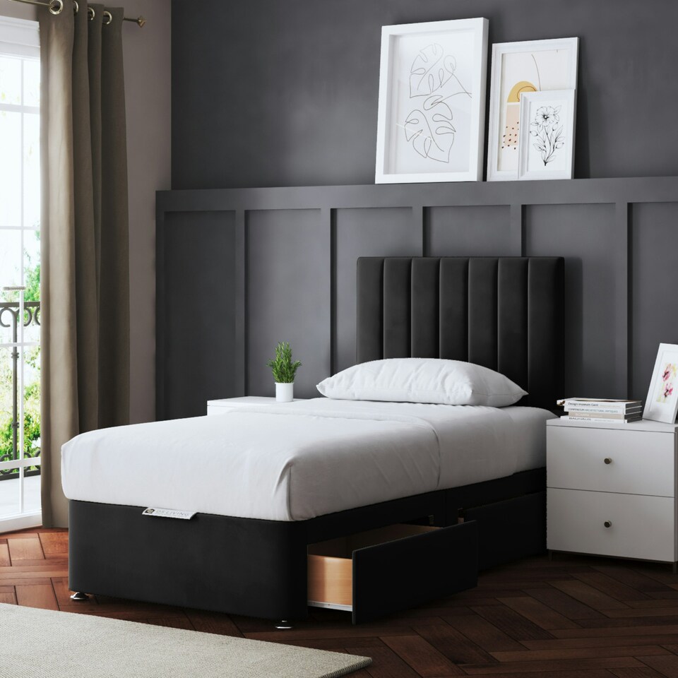 image 1 of Amelia Divan Bed with Upholstered Headboard - Two Drawers - Black - Single