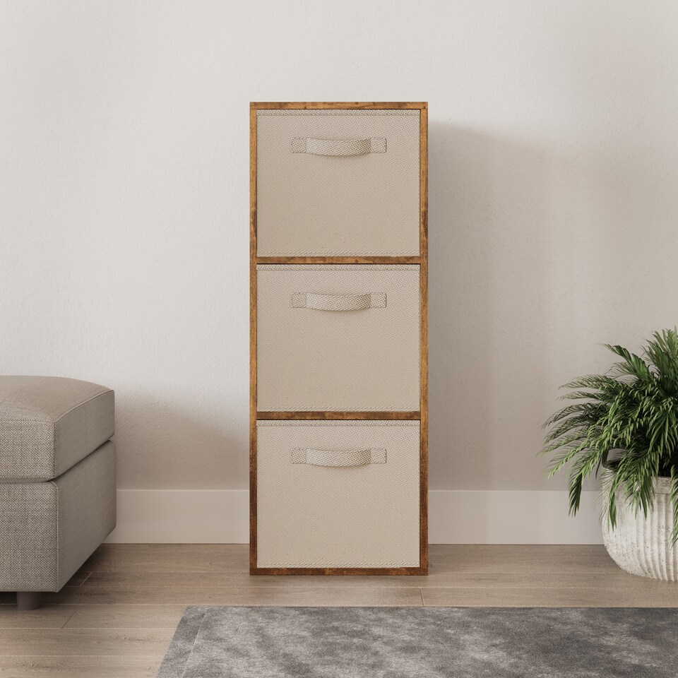 image 1 of 3-Tier Cube Shelving Unit with Inserts | Brown | Rustic Brown & Beige | 1
