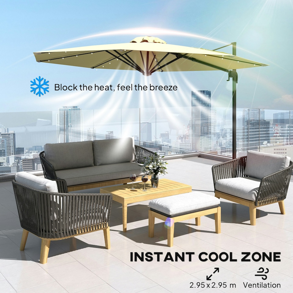 image 1 of Outsunny 3(m) Cantilever Parasol Patio Sun Umbrella w/ Base Solar Lights Beige