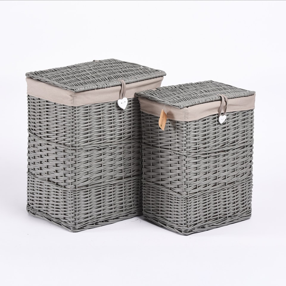 image 1 of Premium Grey Paint Wicker Laundry Basket Cotton Lining With Lid Bathroom Storage (Grey, Large)