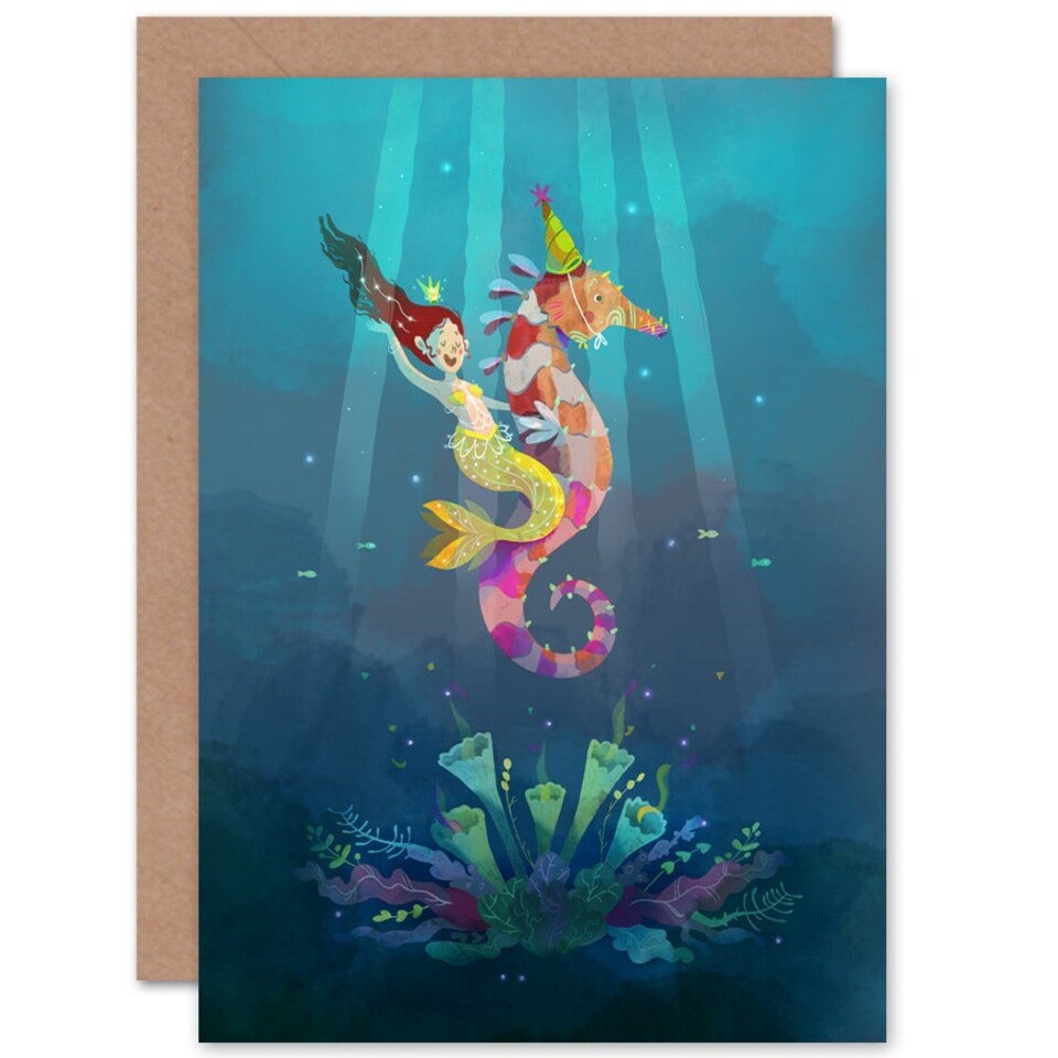 image 1 of Mermaid Yellow Seahorse Kids Birthday Child Kids Card