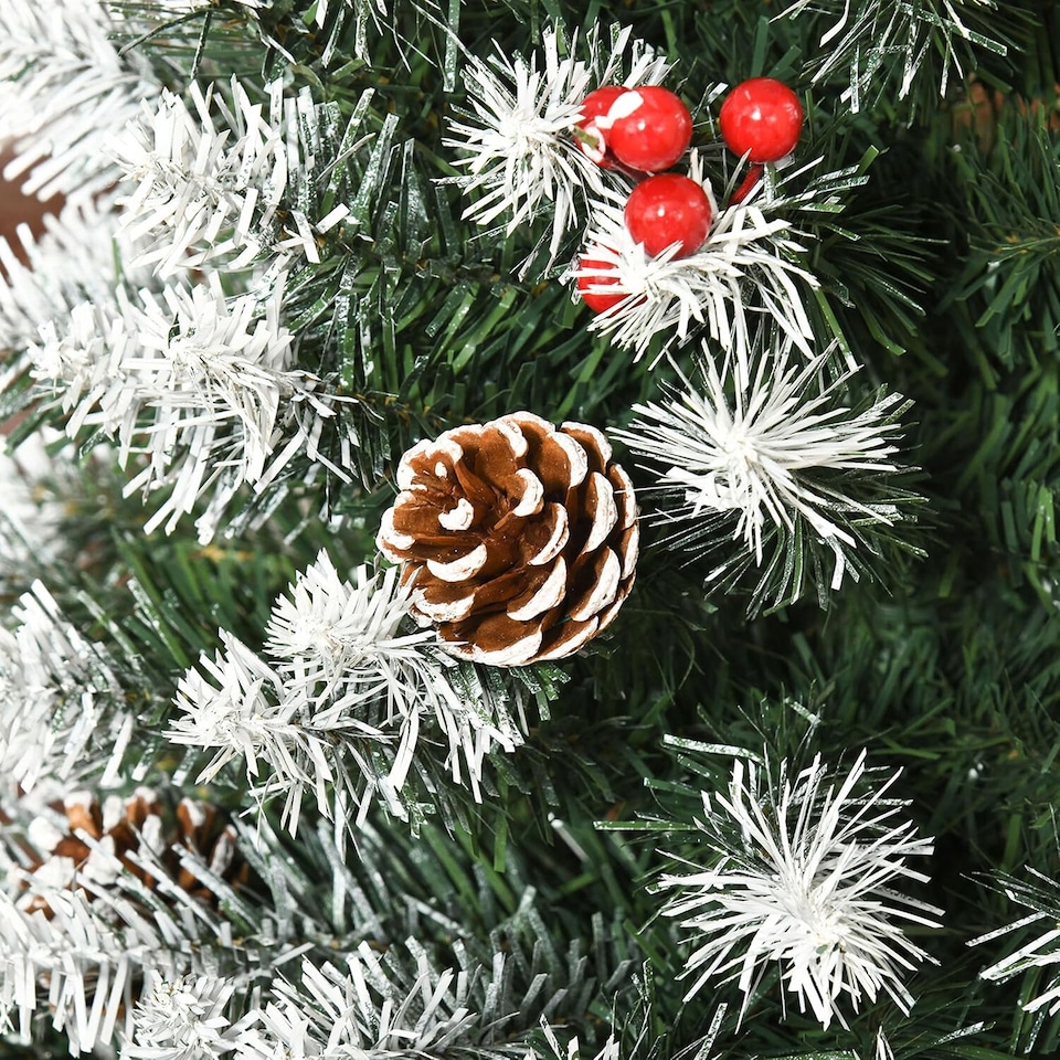 image 1 of Neo 2.1 m 7 ft Christmas Xmas Tree Flocked Snowy Effect Fake Pine Cone Red Berries Metal Stand Flocked Tips | Green