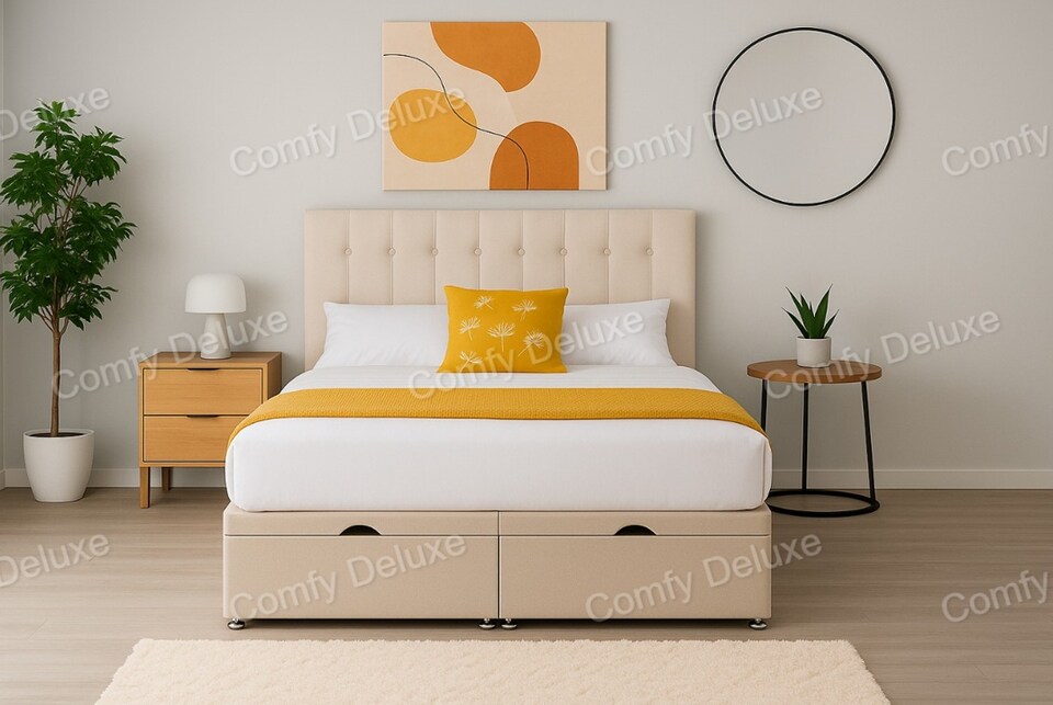 image 1 of 6ft Superking Cream Plush Velvet Ottoman Foot Lift Bed Set Headboard and Mattress