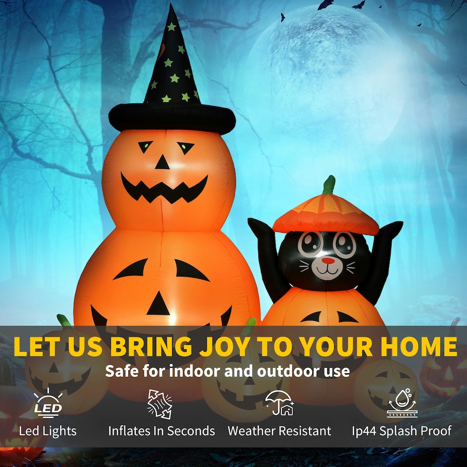 image 1 of Outsunny Pumpkin and Cat with LED Lights, Halloween Inflatables Decoration