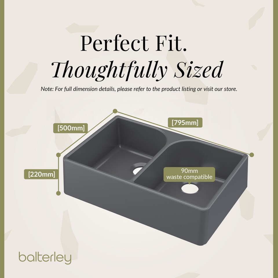 image 1 of Fireclay 2 Bowl Butler Kitchen Sink Full Weir Dark Grey 795x500mm | Grey | Soft Black | 500 x 795 x 220mm | 1