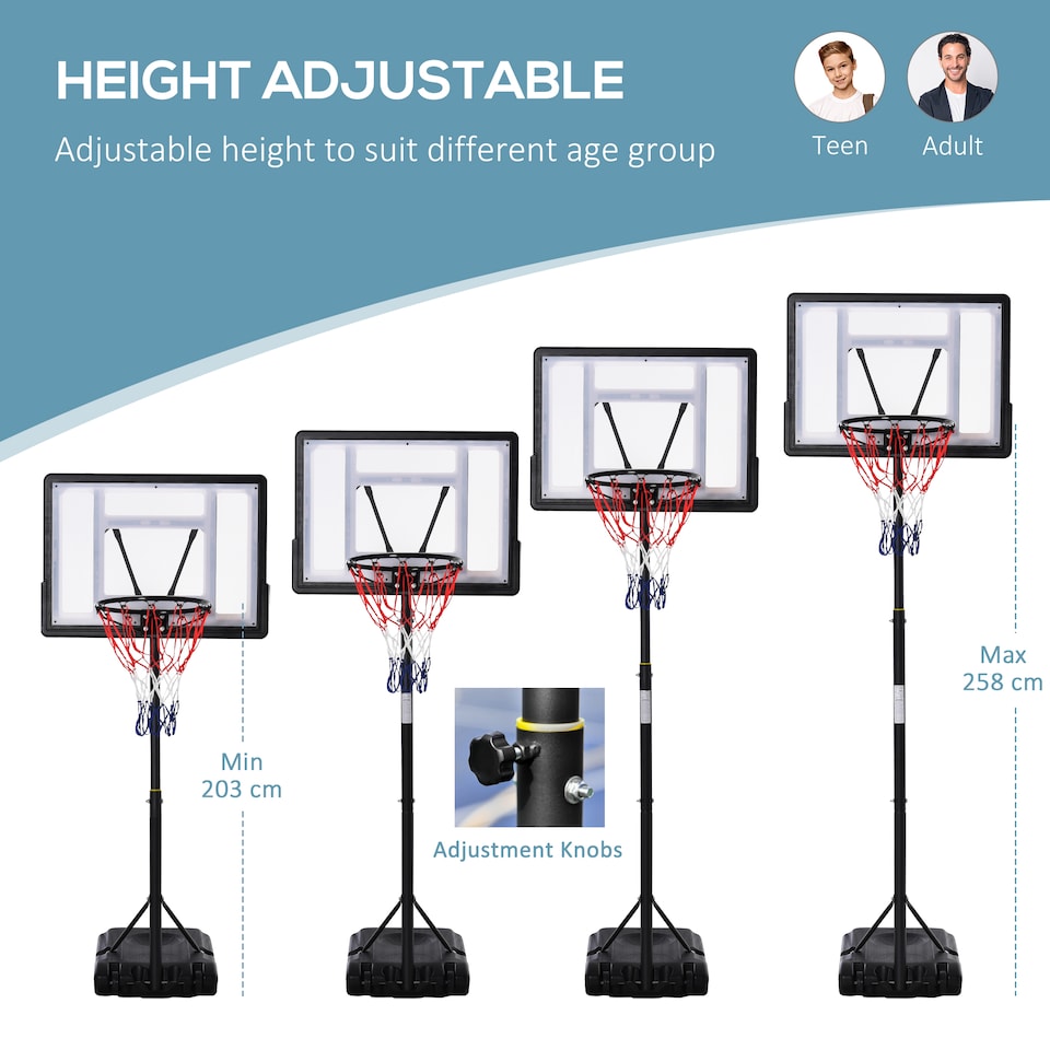 image 1 of HOMCOM 5-7FT Height Adjustable Basketball Hoop and Stand, Freestanding Portable Basketball Hoop System with Fillable Base, Wheels, for Teens, Juniors, Adults, 1.55-2.1m