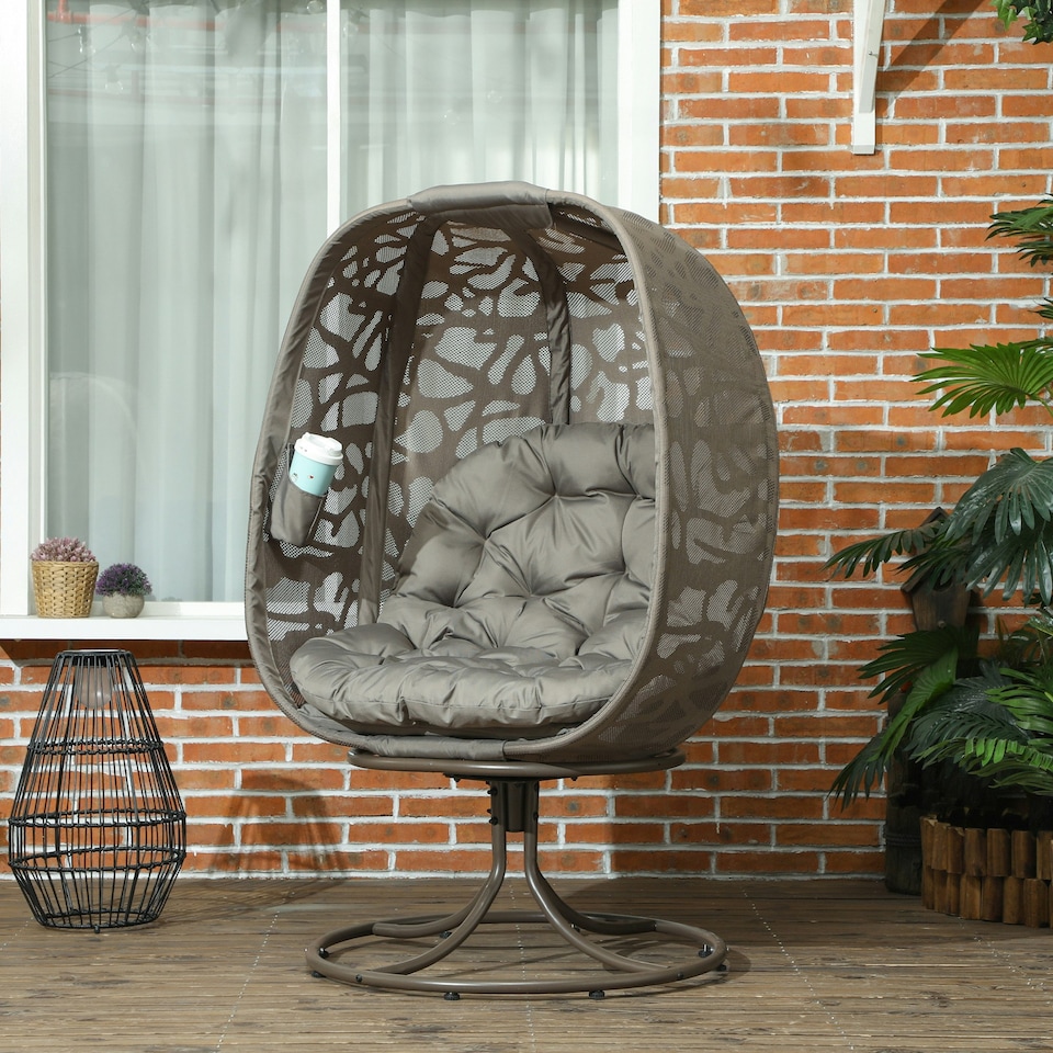 image 1 of Outsunny Swivel Egg Chair with Cushions, Foldable Basket Seat and Metal Frame, Indoor Outdoor Lounge Chair for Balcony, Poolside, Patio and Living Room, Sand Brown | Brown | Sand brown