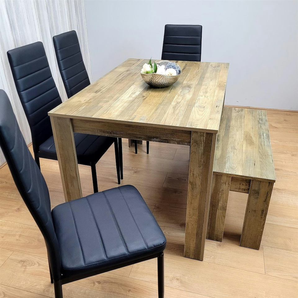 image 1 of Wooden Dining Table Set for 6 Rustic Effect Table With 4 Black Leather Chairs and 1 Bench Black