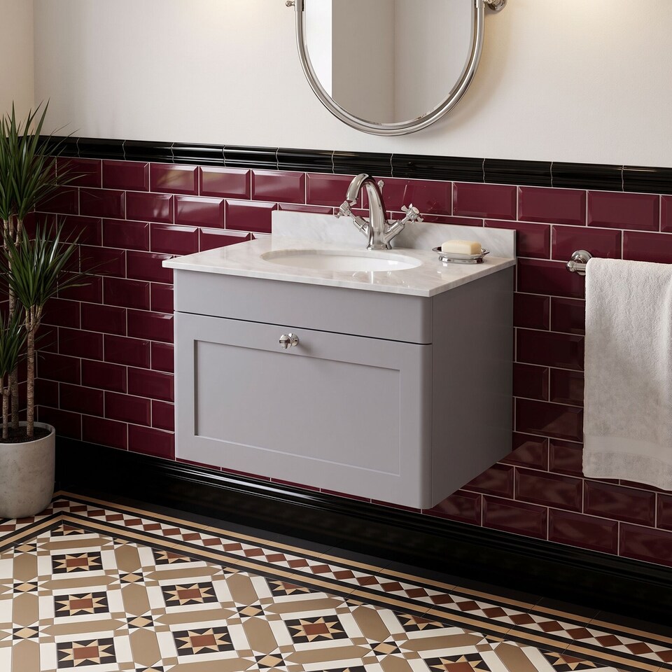 image 1 of Balterley Swynnerton Traditional 1 Drawer Wall Hung Vanity Unit with Marble Basin, Satin Grey, 600mm