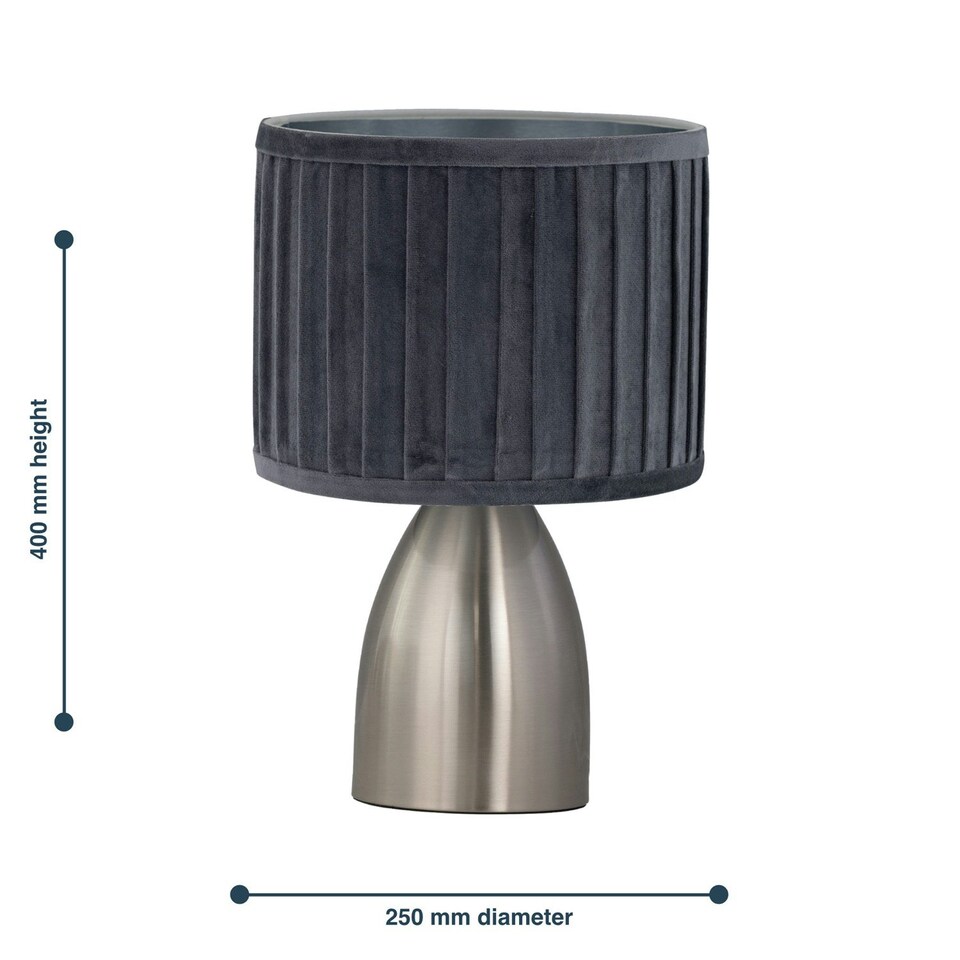 image 1 of First Choice Lighting Set of 2 Valentina Brushed Chrome Touch Lamps with Grey Pleated Velvet Shades Silver | Grey