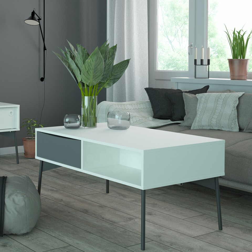 image 1 of Fur Coffee Table with 1 Drawer in Grey and White