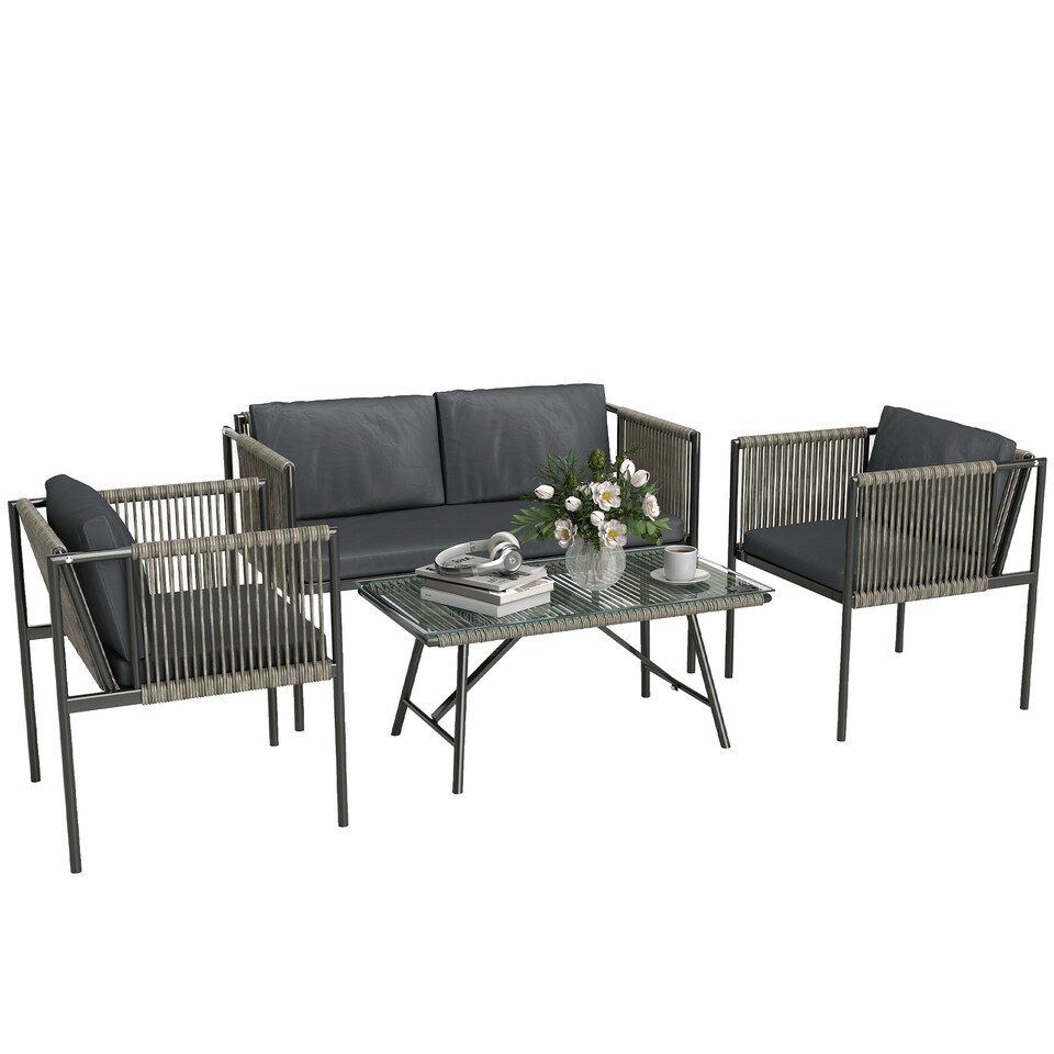 image 1 of Outsunny 4 Piece Rattan Garden Furniture Set, 4 Seater Wicker Outdoor Furniture Set with 2 Armchairs, Loveseat, Glass Top Coffee Table and Cushions for Balcony, Porch, Grey
