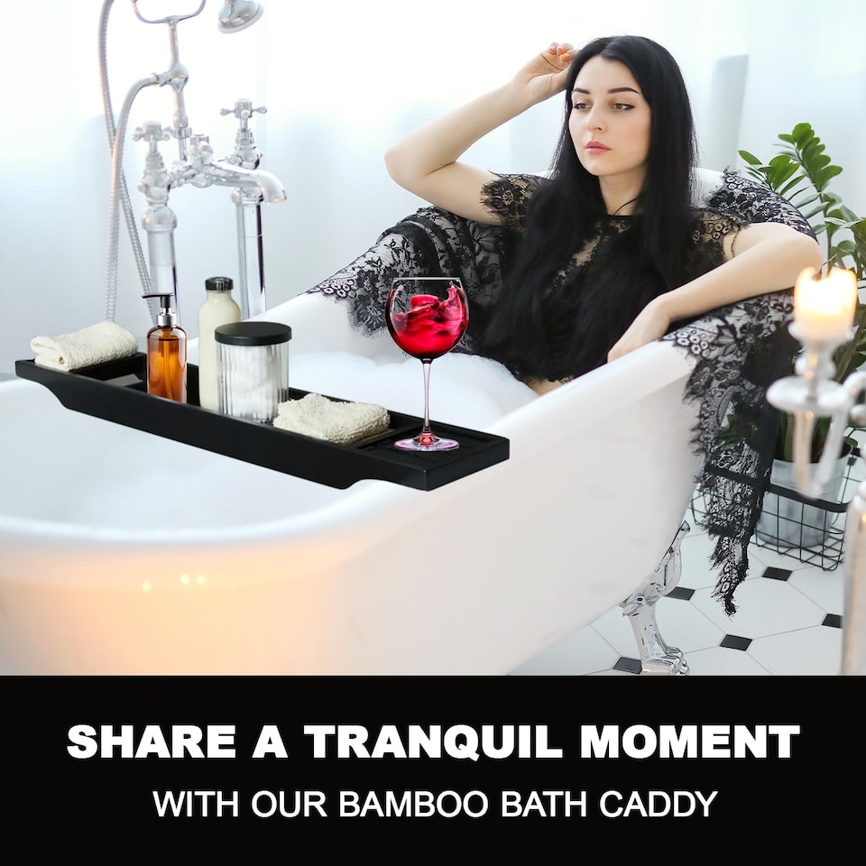image 1 of Luxury Bamboo Bath Caddy Tray Wood Bathtub Storage Organizer Black