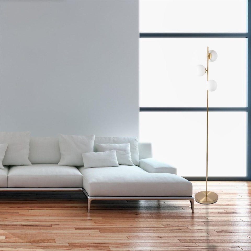 image 1 of Satin Brass Floor Lamp with Opal Globe Shades | Bronze | Small | 1