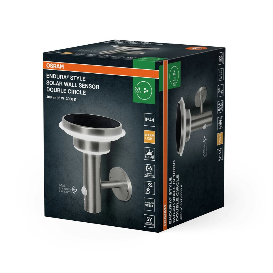 image 1 of OSRAM ENDURA Style Solar Outdoor Wall Light Stainless Steel 6W White