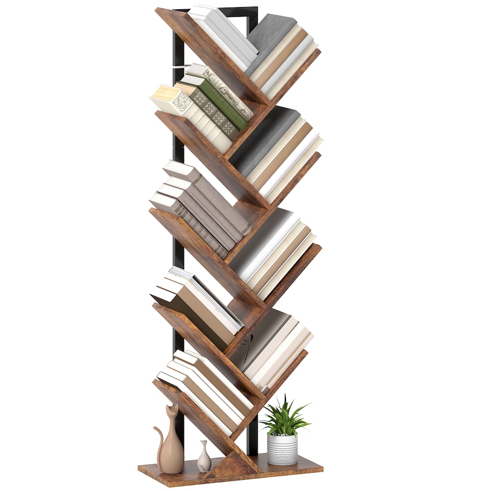 image 1 of HOMCOM 9-Tier Tree Bookshelf, Industrial Free Standing Bookcase with Steel Frame, Display Storage Unit for CDs, DVDs, Albums, Living Room, Bedroom, Home Office, Study, Rustic Brown | Brown