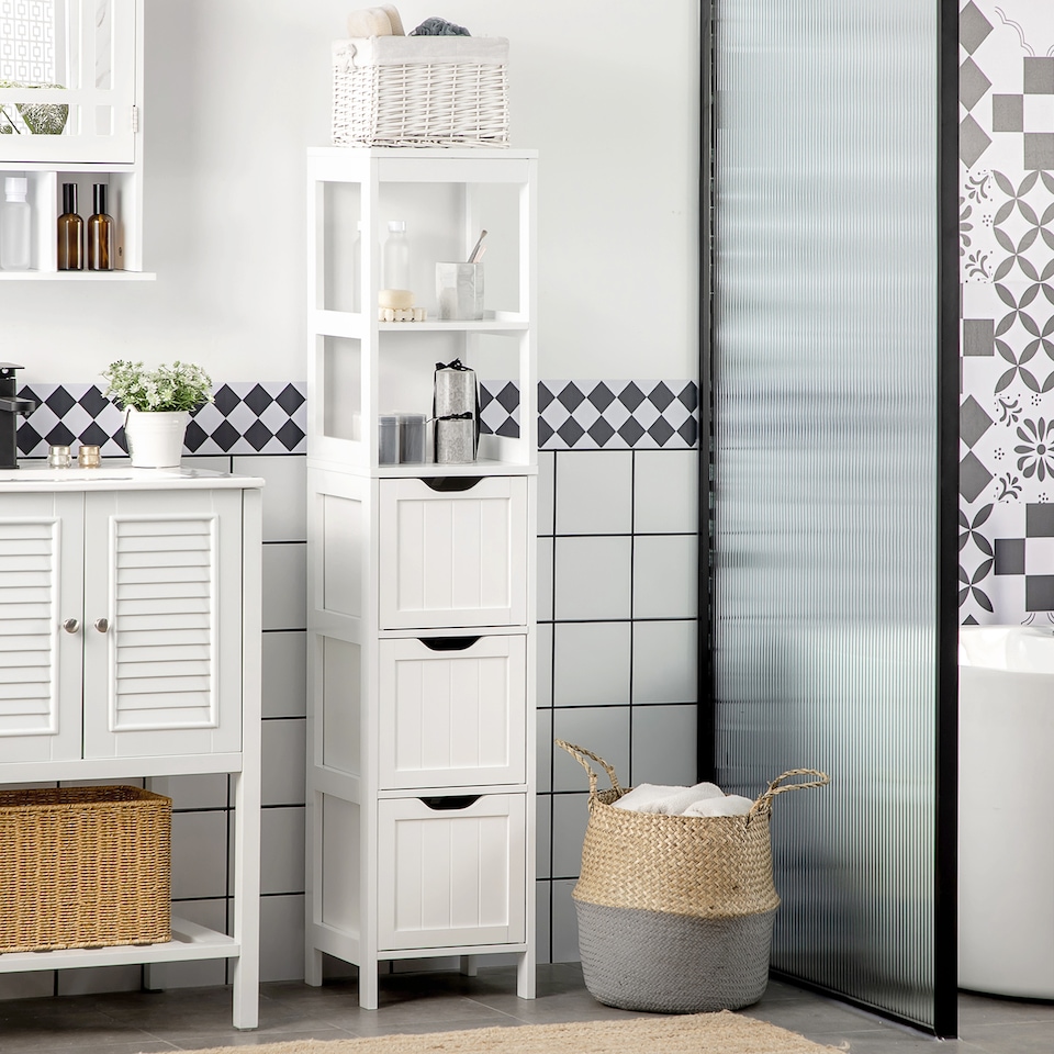 image 1 of HOMCOM Slim Bathroom Storage unit with 3 Drawers and 2 Open Shelves, White