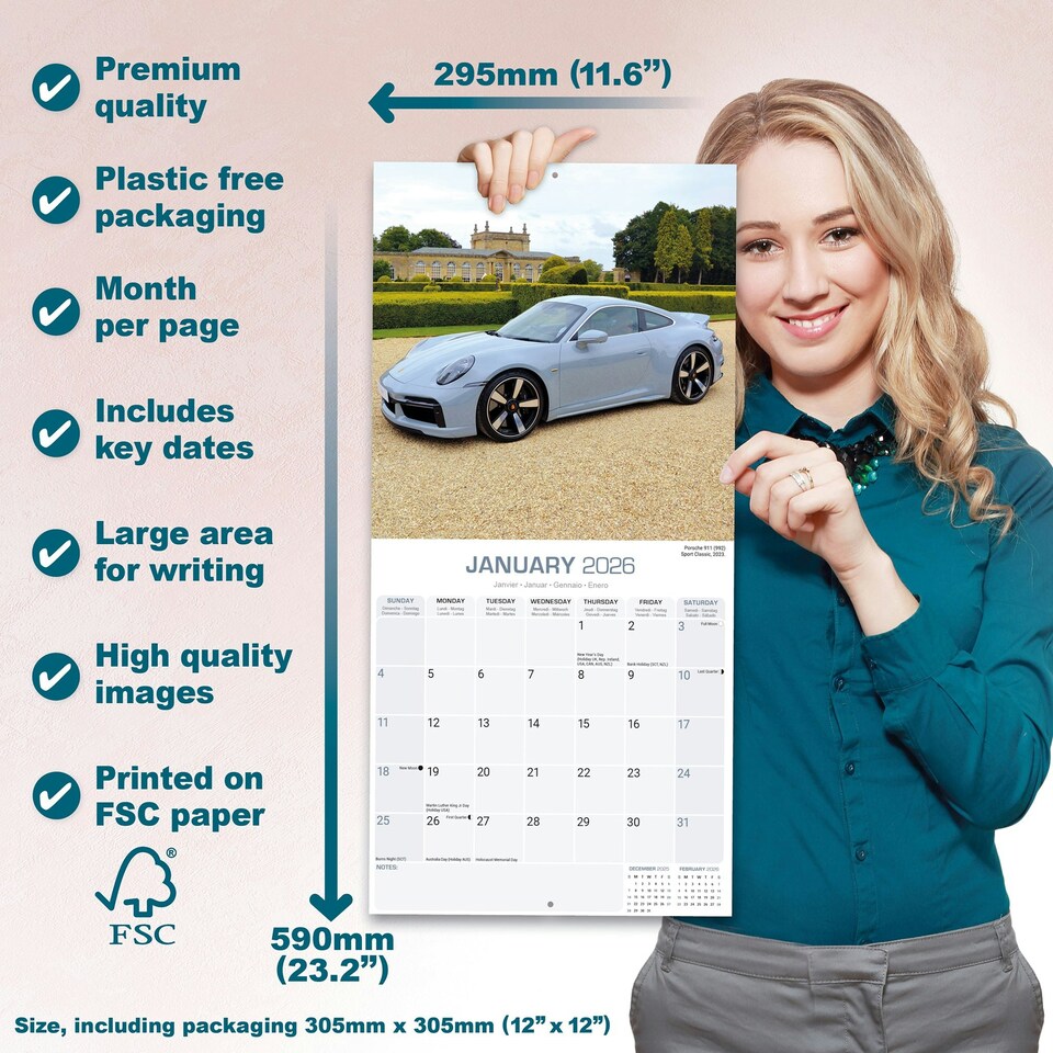 image 1 of Porsche 2026 Calendar | Square Wall Calendar | Car Enthusiast Gift | Plastic Free Packaging | by Avonside Publishing