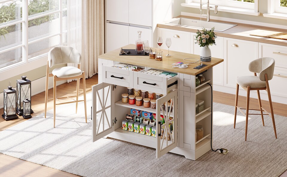 image 1 of VILUXE Mobile Kitchen Island with Foldable Worktop, 2 AC Sockets, 2 USB Ports, Glass Doors, Adjustable Shelves and Lockable Wheels, White and Natural