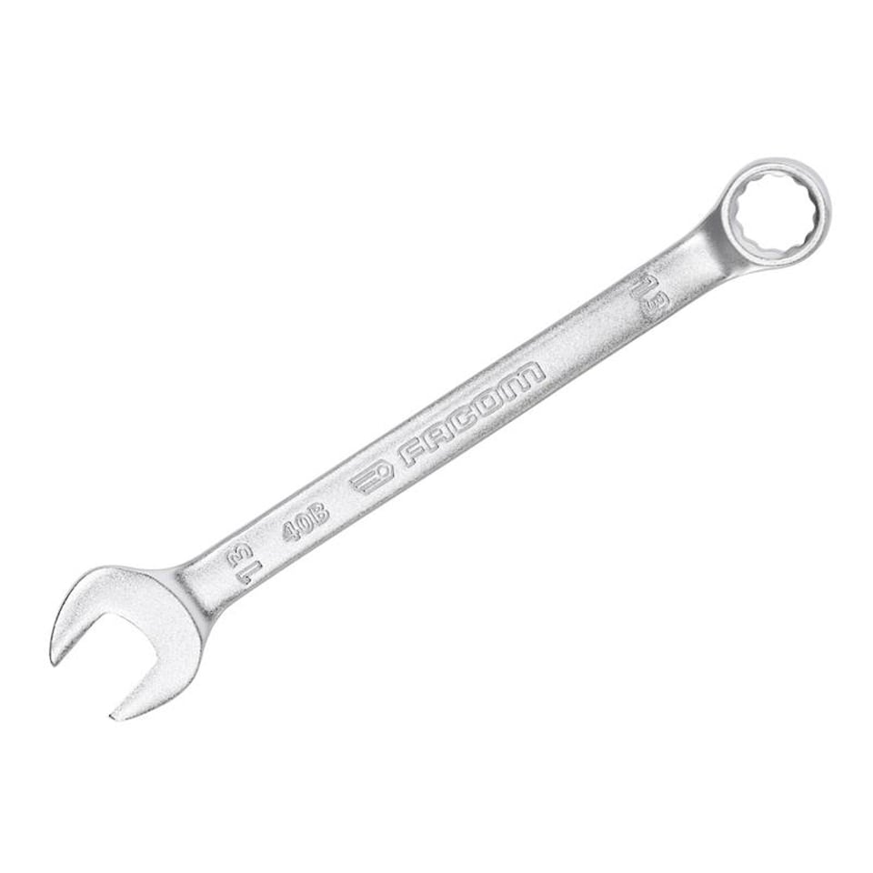 Facom 40B.13 slim metric combination spanner 13mm - 12-point OGV, 15  Degree offset ring and handle, matt chrome finish.