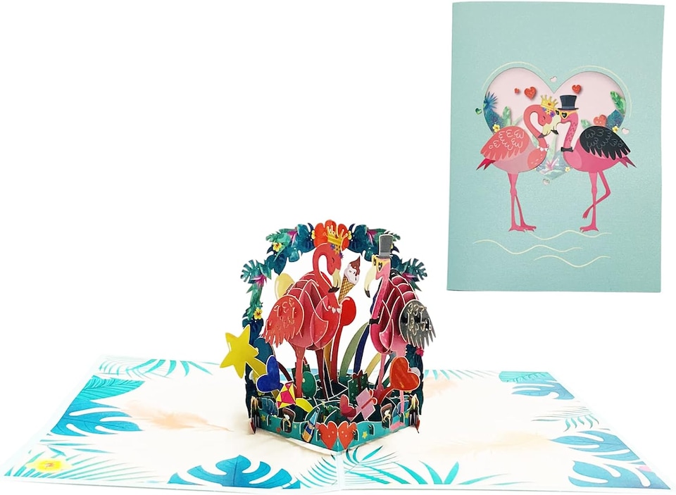 image 1 of Flamingo Pair and Tropical Scene 3D Pop Up Greeting Card - Birthday Anniversary Wedding Valentine's Day