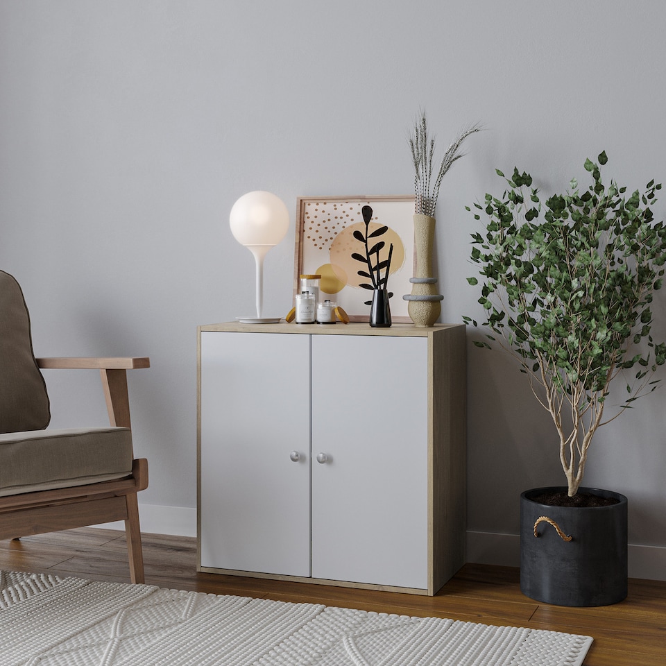 image 1 of Oak Tier 2-Door Wooden Cabinet | Multi | 1