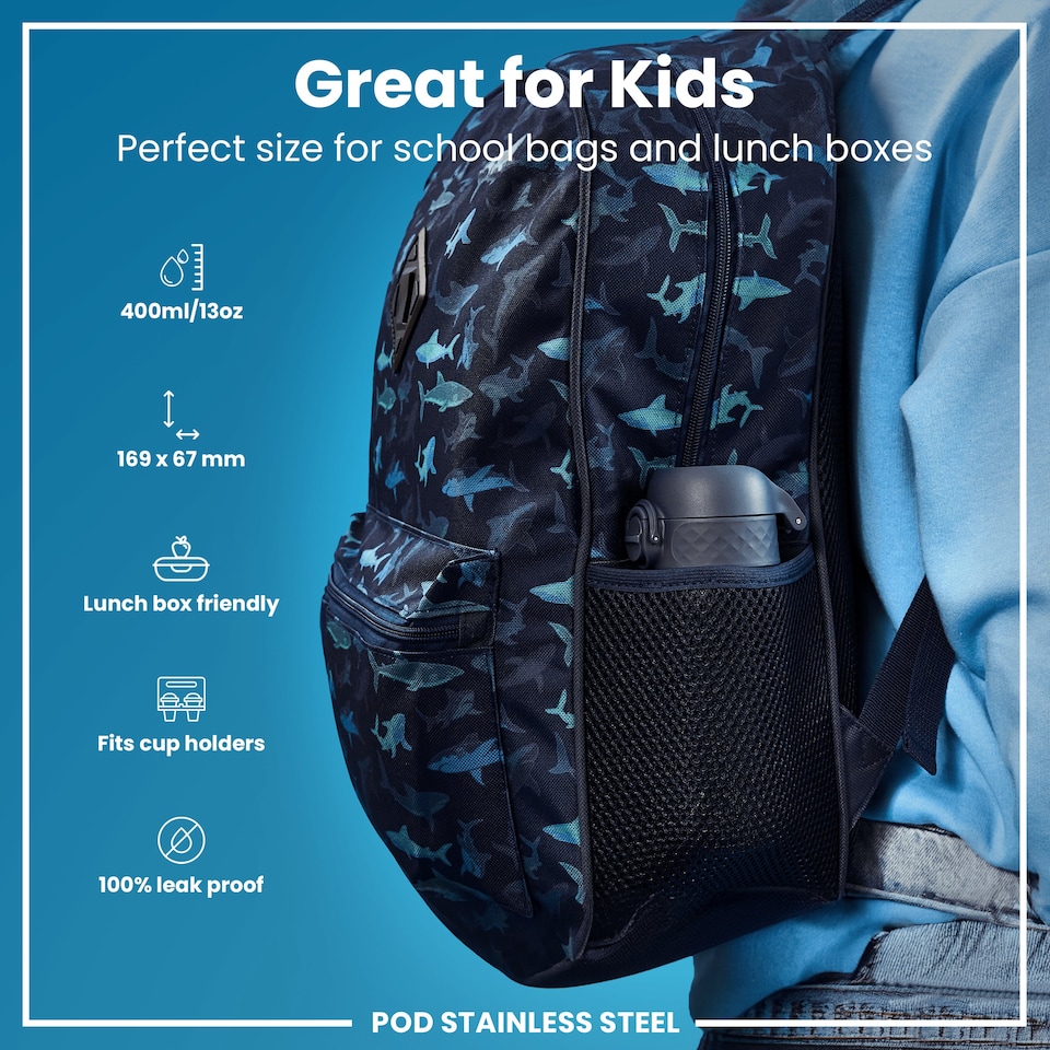 image 1 of Leak Proof Kids Water Bottle, Stainless Steel, 400ml (13oz) | Blue | Ash Navy | One Size