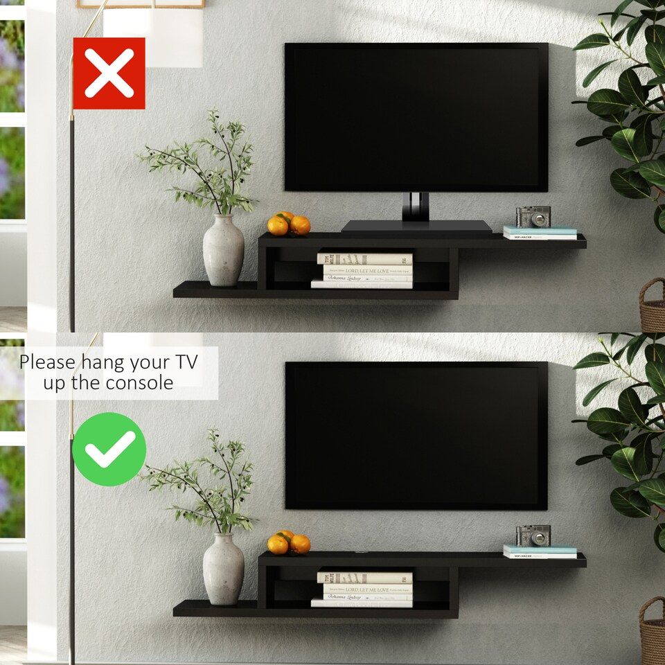 image 1 of HOMCOM Floating TV Unit, Wall Mounted TV Stand with Open Shelf and 2 Cable Holes, Entertainment Unit for Living Room, Black