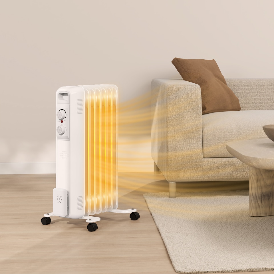 image 1 of HOMCOM 1500W Quiet Oil Filled Radiator, 7 Fin Energy Efficient Portable Electric Heater with 3 Heat Settings, Adjustable Temperate, Safety Tip Over, Overheat Protection, Wheels, for Home, White