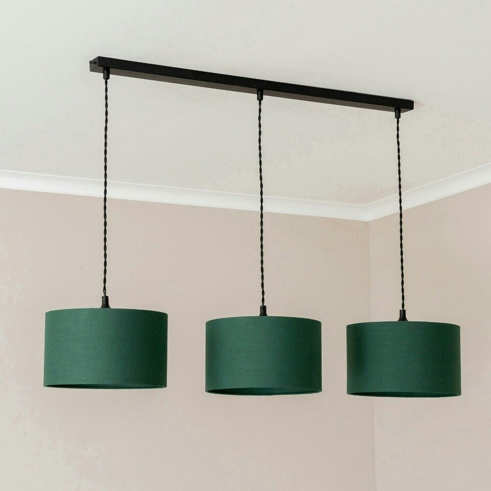 image 1 of ValueLights Reni Forest Green Drum Shade 3 Drop Bar Matte Black Diner Ceiling Pendant Light Black