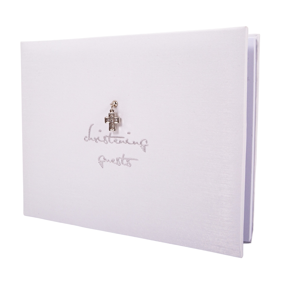 image 1 of Beautiful White Satin Fabric Christening Guest Book with Silver Metal Cross
