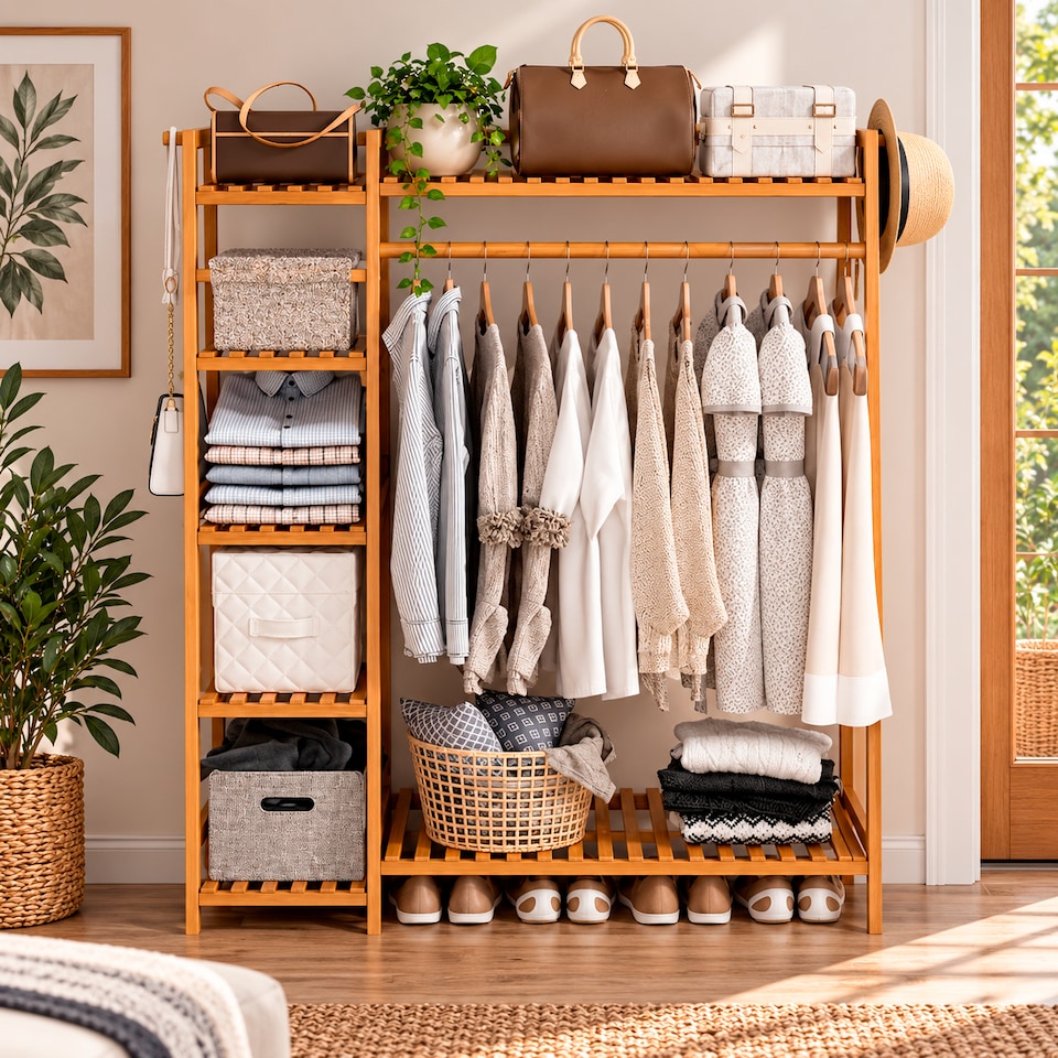 image 1 of Neo Bamboo Rack Clothes with Storage Shelf Hanging Rail and Side Hooks | Brown