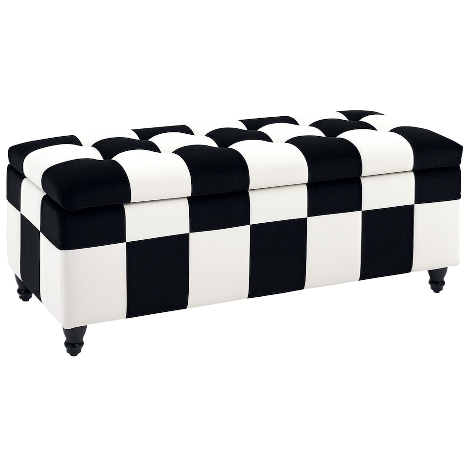 image 1 of HOMCOM Storage Ottoman, Storage Bench with Wood Legs, Footstool, Footrest with Velvet Surface for Bedroom, Hallway, Living Room, 114 x 47 x 47 cm, White and Black