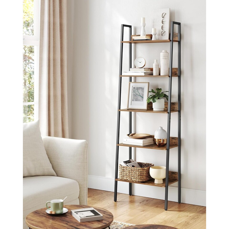 image 1 of 5-Tier Vertical Ladder Shelf Bookcase, Compact Industrial Storage Rack, Rustic Brown and Ink Black