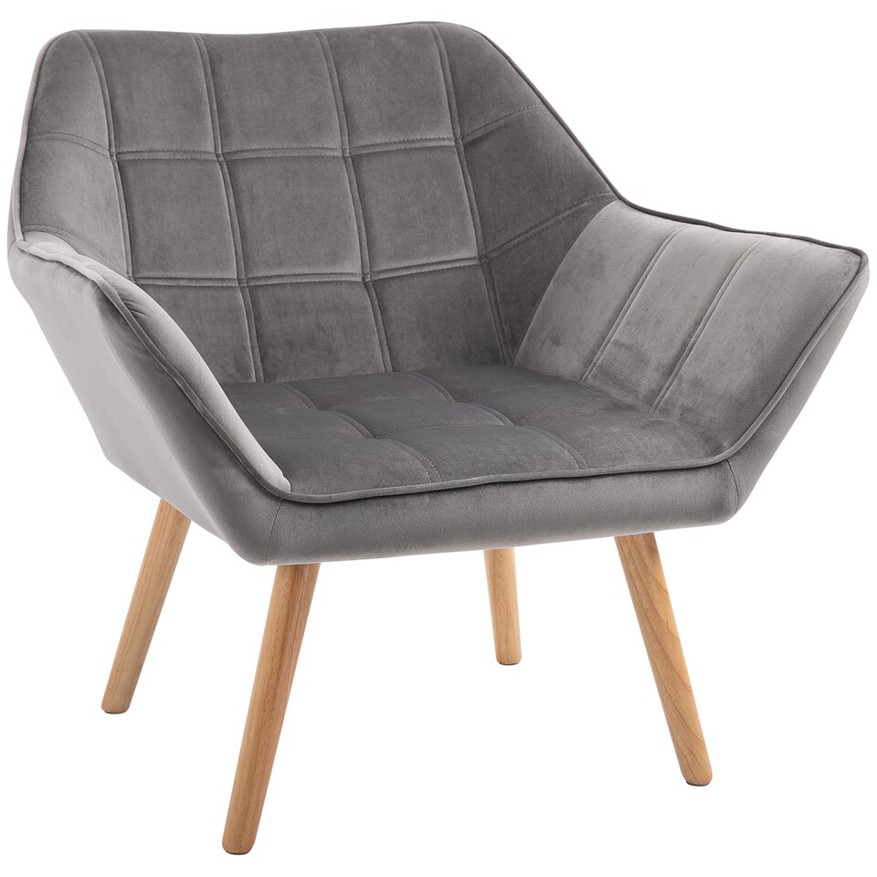 image 1 of HOMCOM Armchair Accent Chair, Vanity Chair with Wide Arms, Slanted Back, Padding, Metal Frame, Wooden Legs, Home Bedroom Furniture Seating, Grey