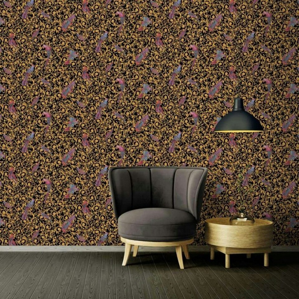 image 1 of Versace Barocco Birds Textured Wallpaper - Black/Gold - 10m x 70cm