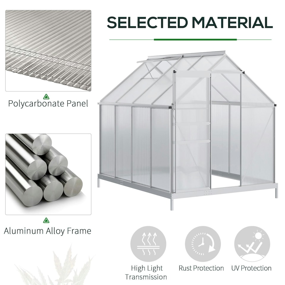 image 1 of Outsunny Polycarbonate Walk-in Garden Greenhouse w/ Sliding Door Silver Tone