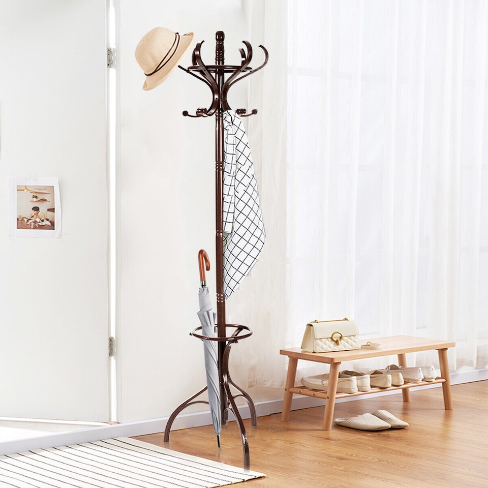 image 1 of COSTWAY Wooden Rotating Coat Hat Hanger Free Standing Hallstand Umbrella Stand 12 Hooks