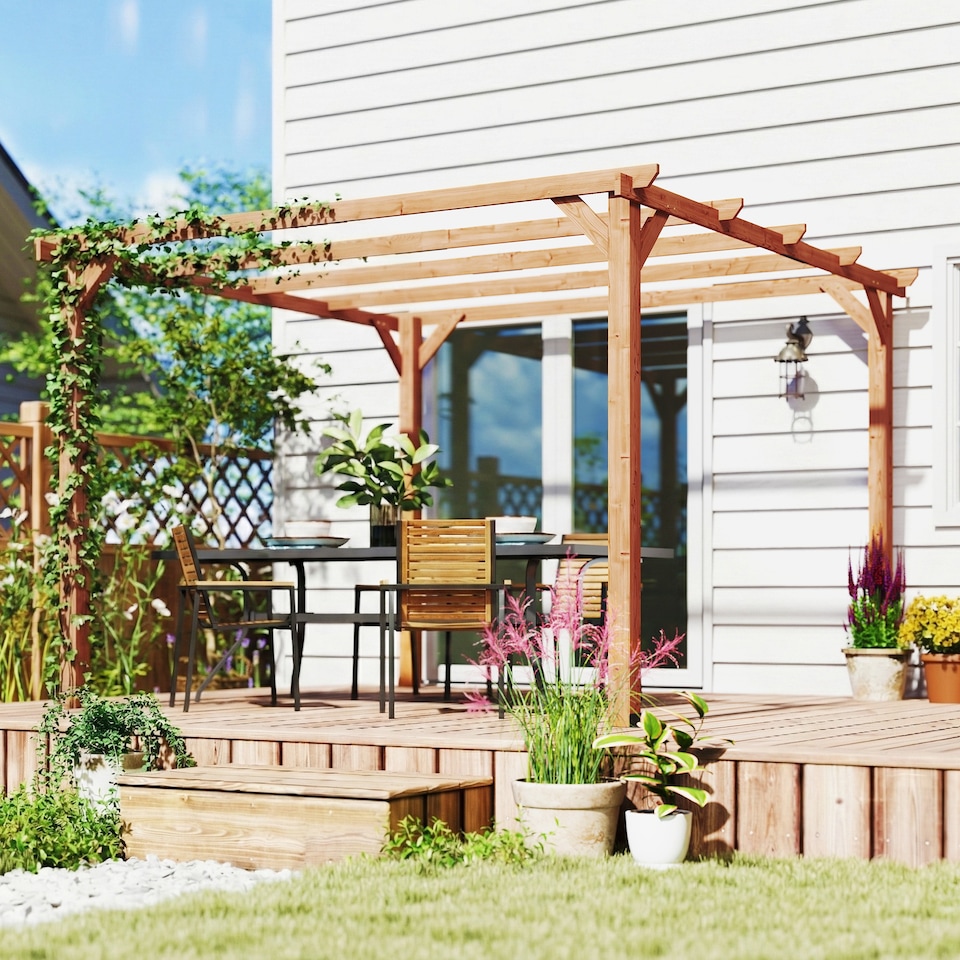 image 1 of Outsunny 3x3 m Garden Wooden Pergola Gazebo Grape Trellis, Maple Wood-effect | Brown | Maple wood-effect