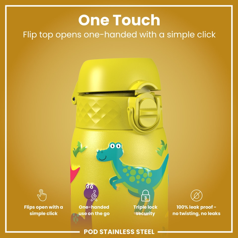 image 1 of Leak Proof Kids Water Bottle, Stainless Steel, 400ml (13oz) | Yellow | Dinosaur | One Size