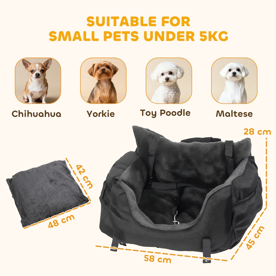 image 1 of PawHut Dog Car Seat for Small Dogs, Dog Booster Car Seat with Fixed Buckle, Safety Leash, Washable Cover, Thickened Small Pets Travel Carrier Bed, 58 x 45 x 28 cm, Black