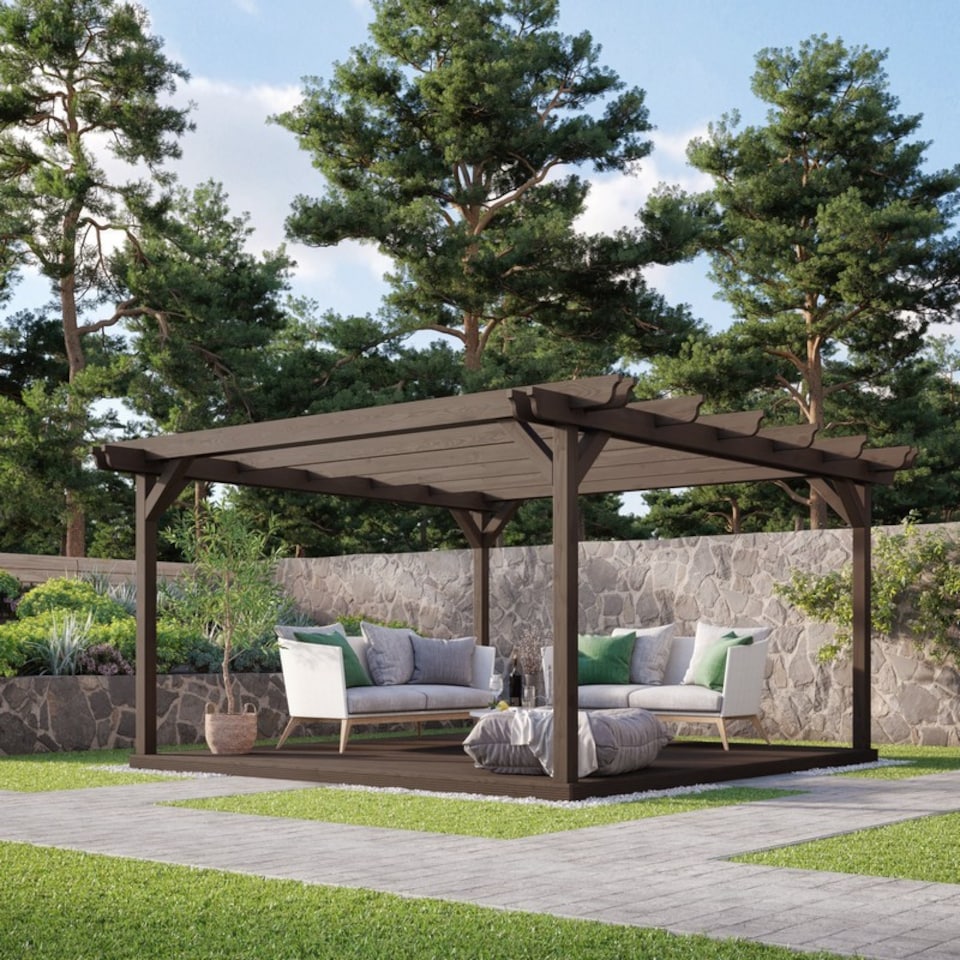 image 1 of Double Garden Pergola and Decking Kit - Wood - L300 x W300 cm - Rustic Brown
