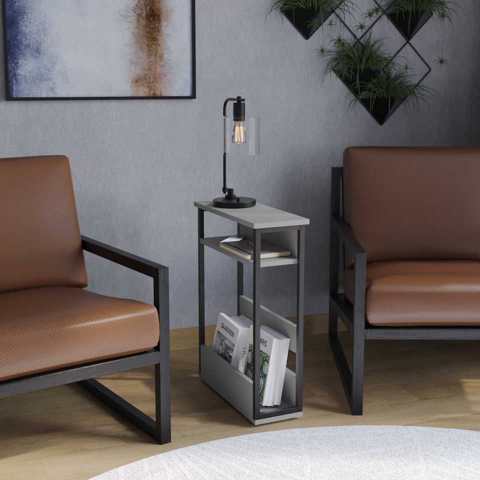 image 1 of 3 Tier Slim Coffee Side Table Newspaper Magazine Shelf Rack Bedside Sofa End | Grey | Grey | H-62.5cm | 1