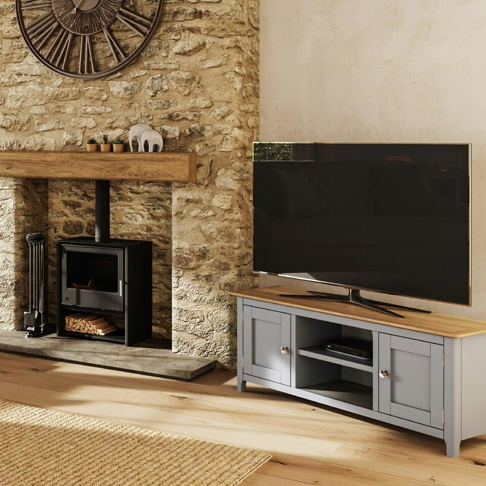 image 1 of Taberno Oak 2 Door TV Unit Dove Grey Grey