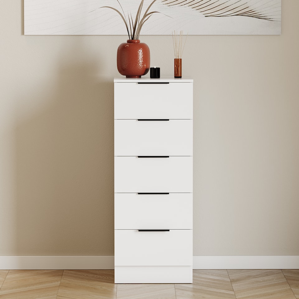 image 1 of Vida Designs Trega 5 Drawer Narrow Chest of Drawers Bedroom Storage Unit, (H) 90cm x (W) 34.5cm x (D) 36cm, White