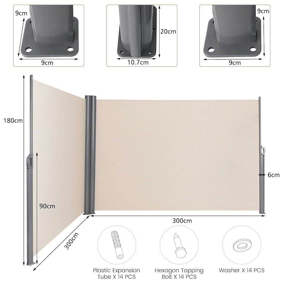 image 1 of COSTWAY 1.8x6M Retractable Folding Side Awning Screen Divider | White