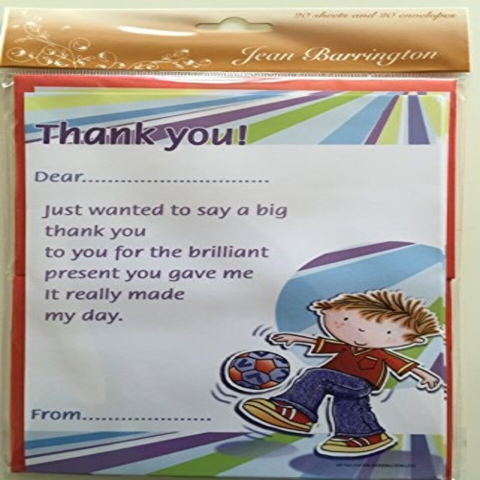 image 1 of Pack of 20 Children's Cute Thank You Notes & Envelopes - Boy Football Design