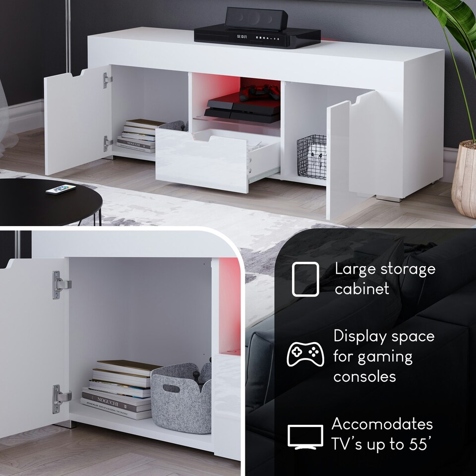 image 1 of Vida Designs Eclipse 2 Door 1 Drawer LED TV Unit Entertainment Stand, White